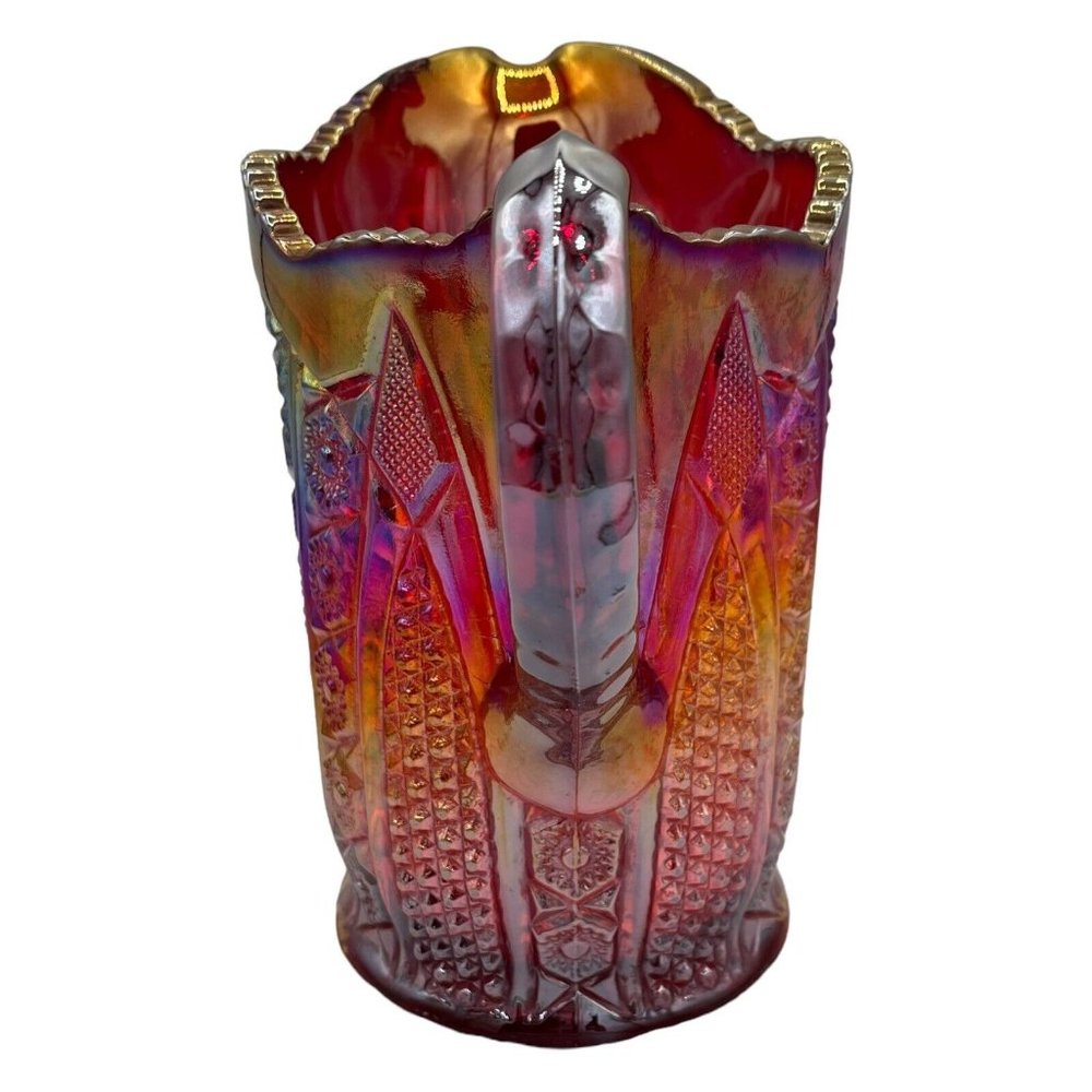 Vtg Carnival Indiana Glass Red Amberina Sunburst Iridescent Heavy Pitcher Glows - Picture 5 of 10